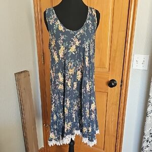 Chris & Carol Navy Floral Midi Dress with White Lace